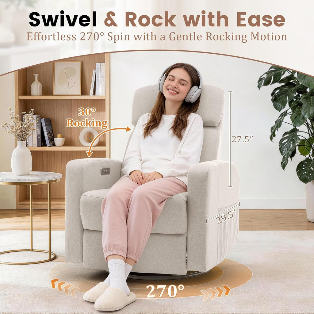 Power Swivel Recliner Chairs for Adults, Electric Glider Rocking Chair Nursery, Glider Recliner Nursery Chair with Classified Side Pocket, Nursery Rocking Chairs with USB and Type-C Ports