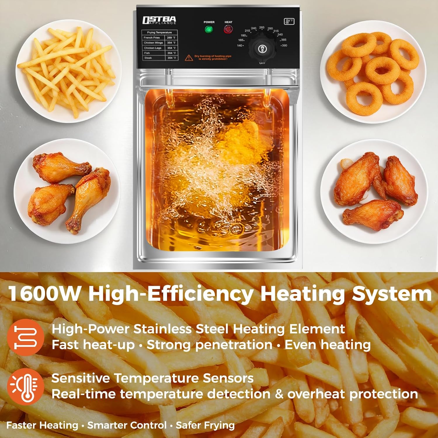 OSTBA Deep Fryer with Basket, 10.36QT Deep Fryer, 1600W Stainless Steel Commercial Deep Fryer with Adjustable Temperature 140–390℉, Removable Basket & Oil Tank
