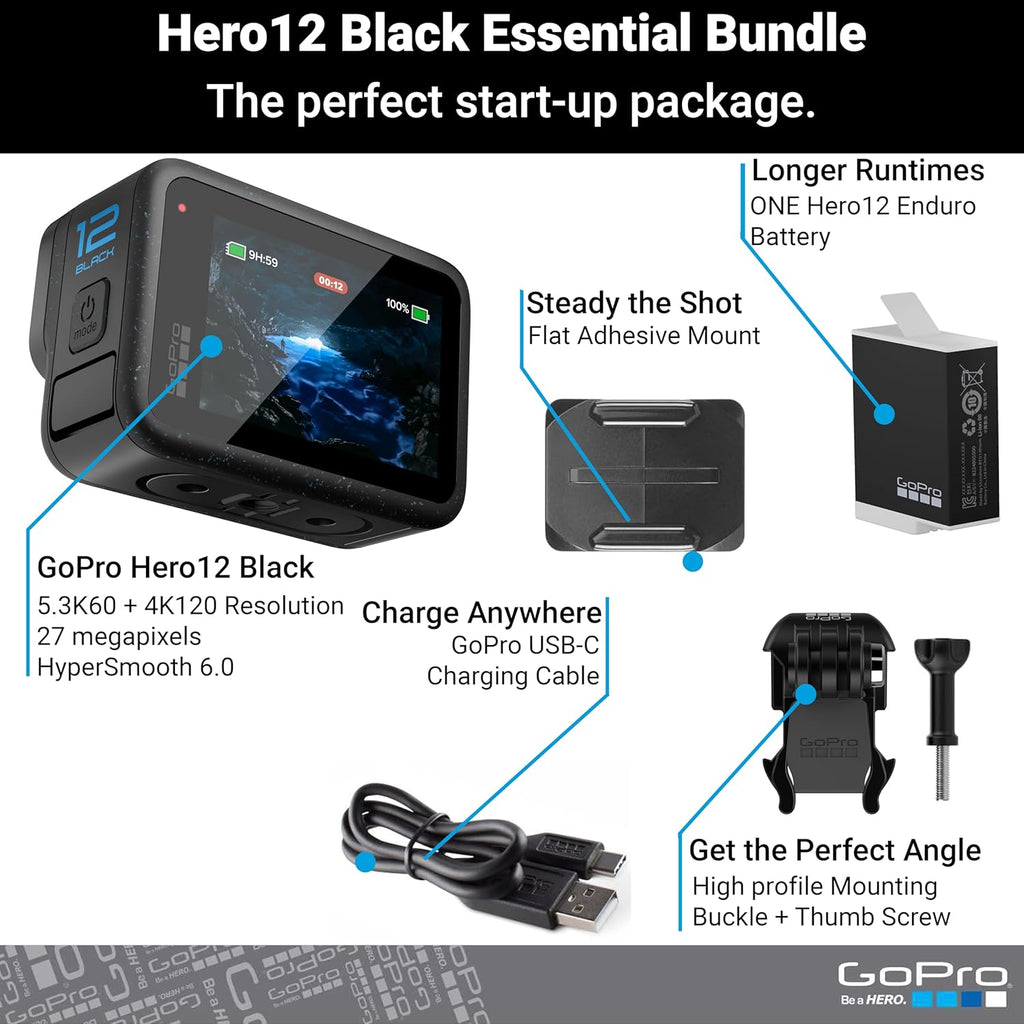 GoPro Hero12 Black E-Commerce Package - Waterproof Action Camera with 5.3K60 Ultra HD Video  27MP Photos  HDR  1/1.9" Image Sensor  Live Streaming  Webcam  Stabilization