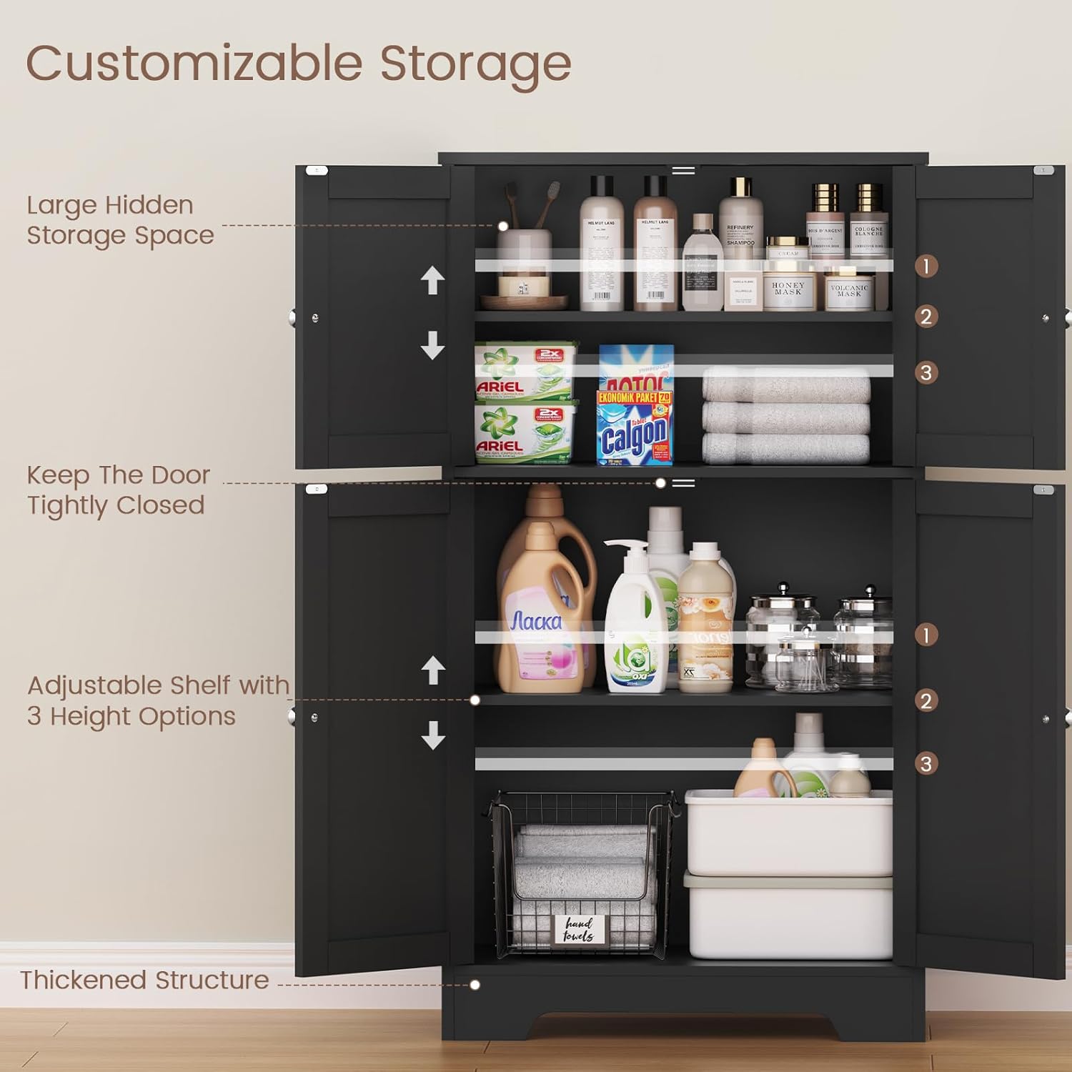 TEENFON Storage Cabinet, Rattan Cabinets with 2 Adjustable Shelves & 4 Doors, Bathroom Cabinet, Cupboard, Floor Cabinets for Living Room, Entryway, Kitchen, Home Office, Black