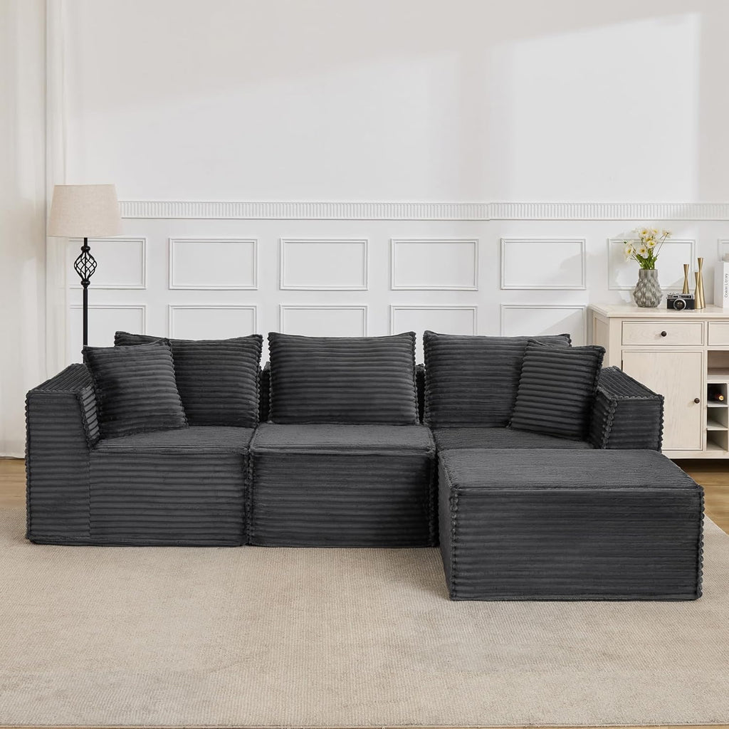 107" Modular Sectional Cloud Couch for Living Room,Deep Seat Boneless Couch,Convertible Sofas with Ottomans,No Assembly Compression Sofas, Comfy Floor Sofa with Memory Foam (3 Seater+1 Ottoman),Grey