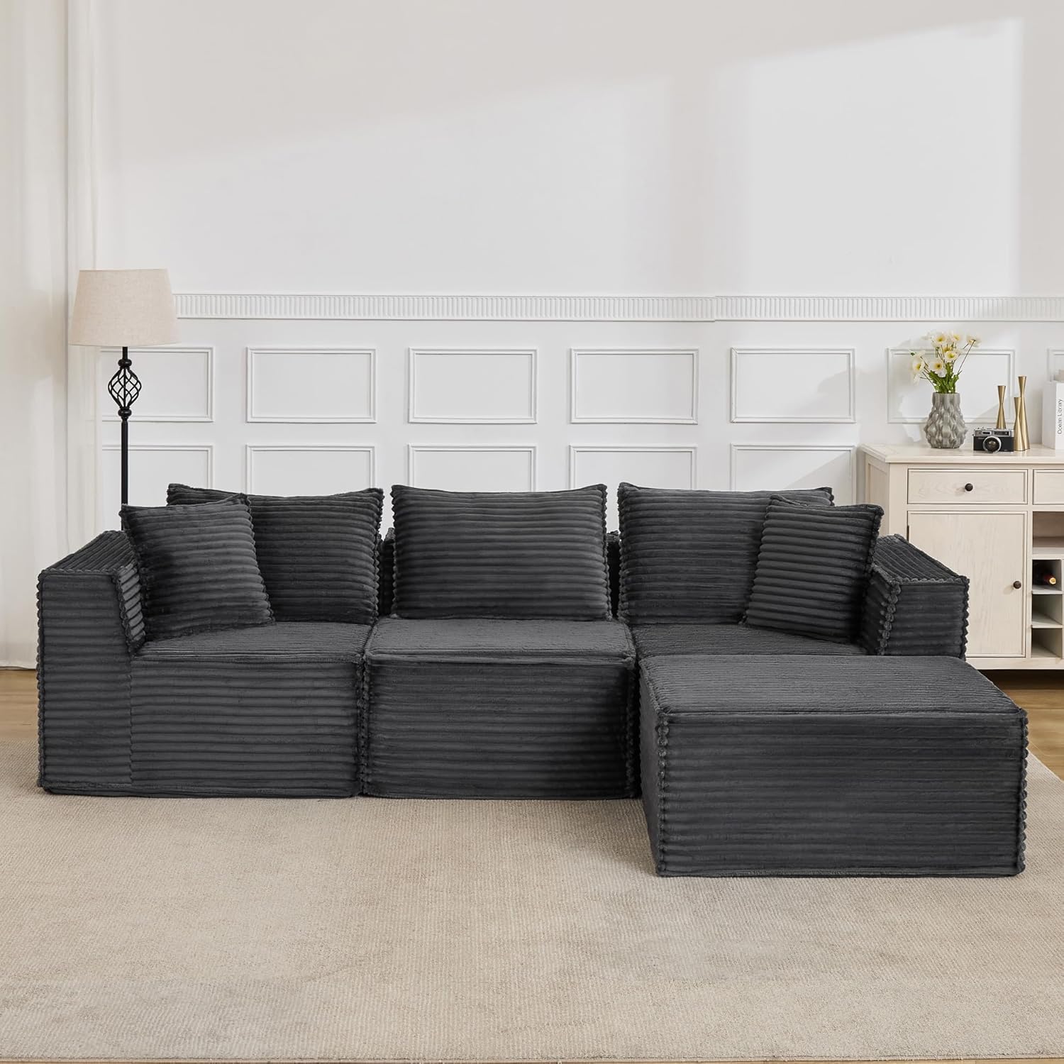 107" Modular Sectional Cloud Couch for Living Room,Deep Seat Boneless Couch,Convertible Sofas with Ottomans,No Assembly Compression Sofas, Comfy Floor Sofa with Memory Foam (3 Seater+1 Ottoman),Grey