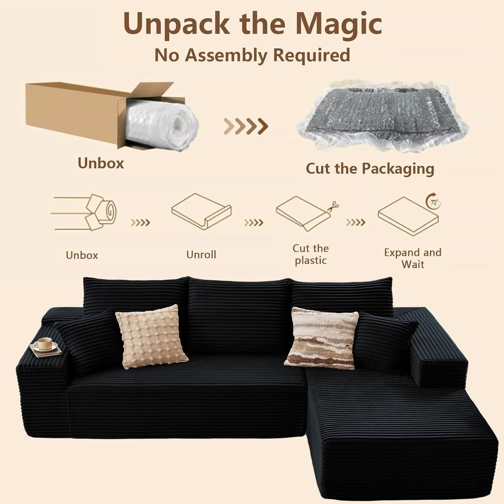 96" Modular Sectional Sofa, Modern Corduroy Cloud Couch with Deep Seat, Boneless Couch Upholstered 3-Seater L-Shaped Sofa for Living Room, No Assembly Required (Black, Right-Facing Chaise)