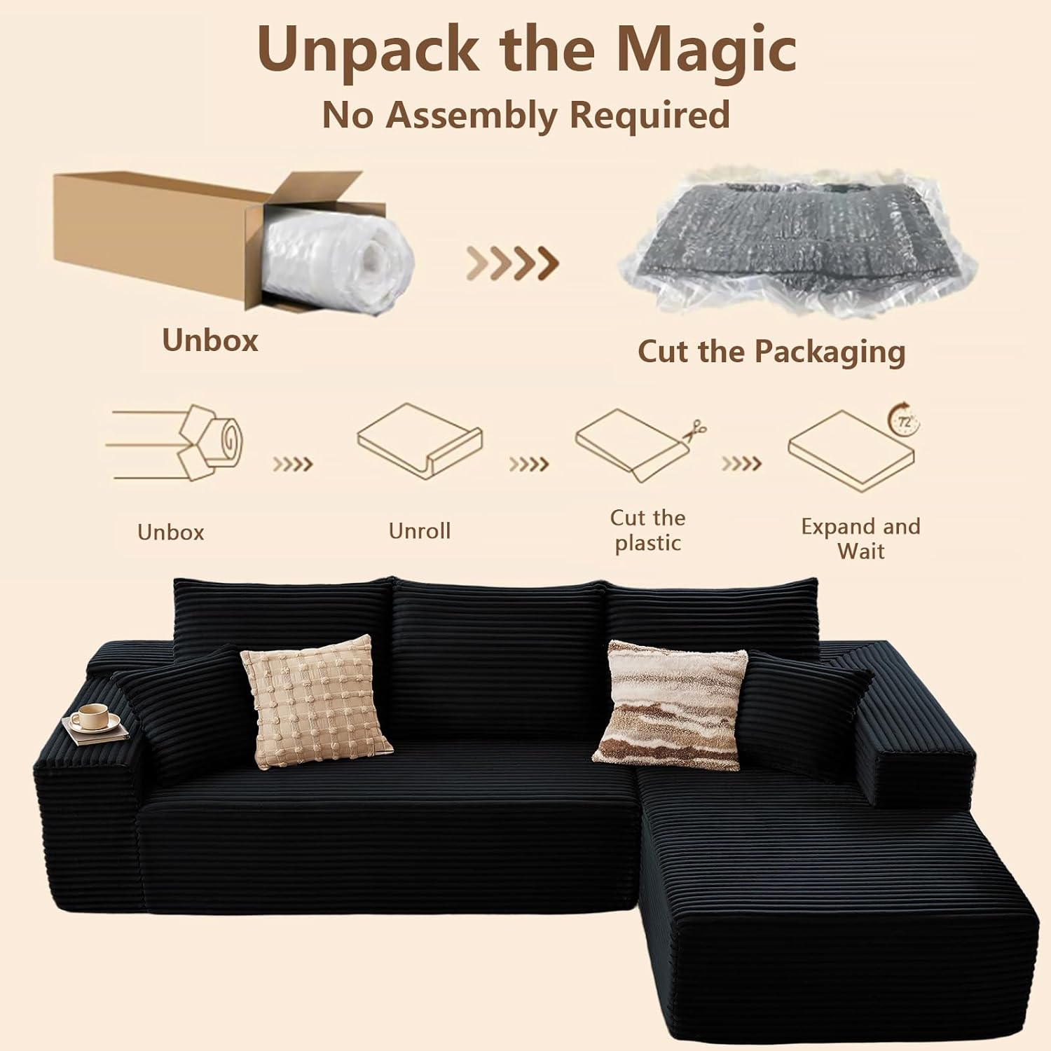 96" Modular Sectional Sofa, Modern Corduroy Cloud Couch with Deep Seat, Boneless Couch Upholstered 3-Seater L-Shaped Sofa for Living Room, No Assembly Required (Black, Right-Facing Chaise)