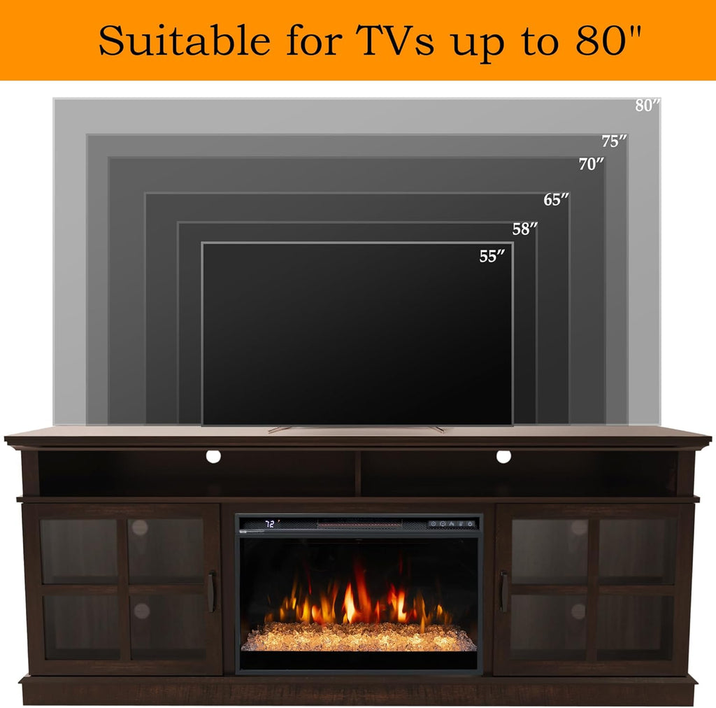 72" Fireplace TV Stand for TVs Up to 80", Entertainment Center with 26" Electric Fireplace, 5 Flame Colors Control with Remote, Modern Farmhouse Cabinet Console Glass Door, Brown
