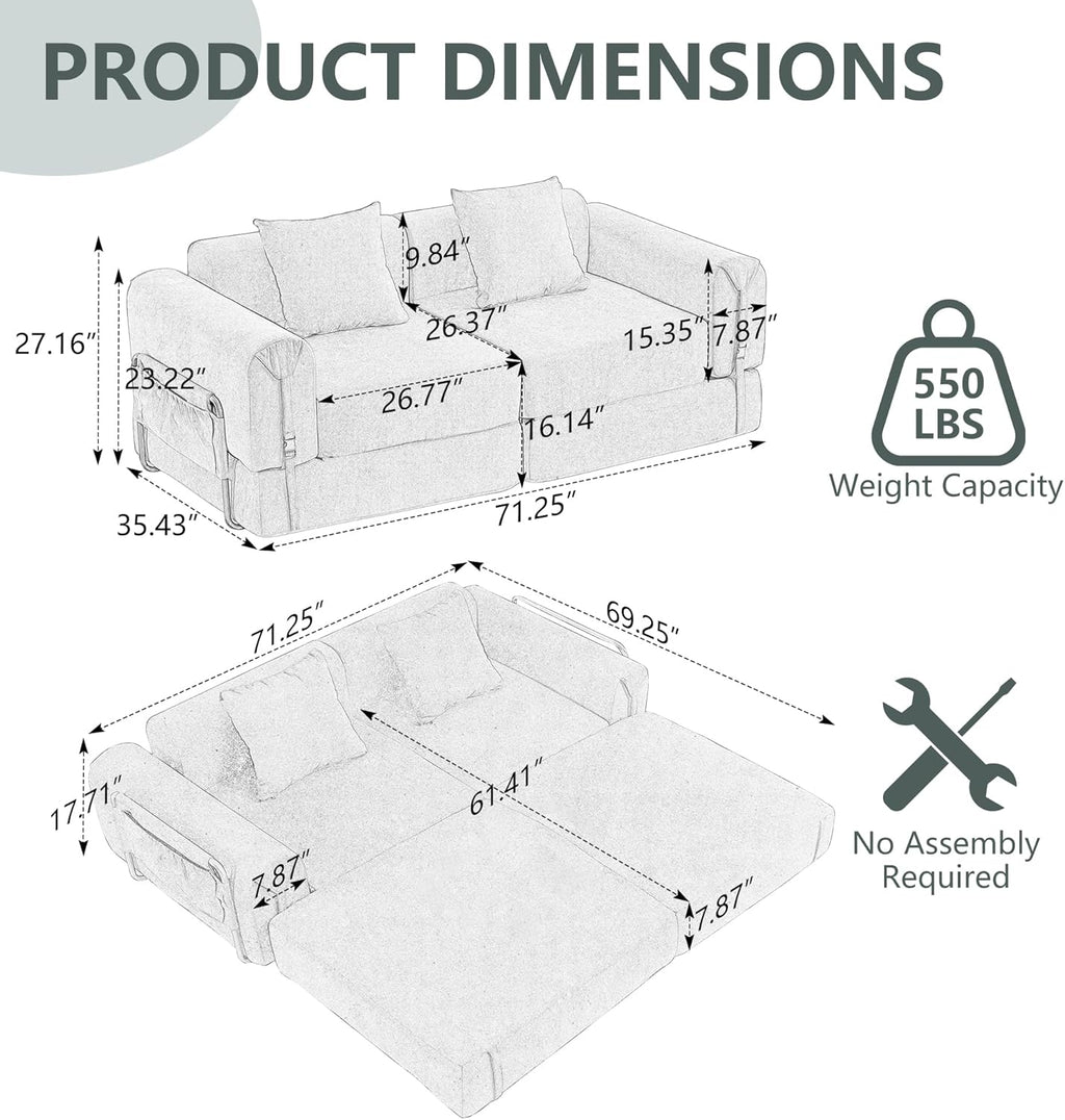 GNIXUU 71.3" Convertible Sleeper Sofa Bed, Modern Convertible Boneless Couch with Foldable/Pull Out Bed, Compressed Modular Futon Couch with Pillows & Storage Pocket for Living Room Bedroom, Beige