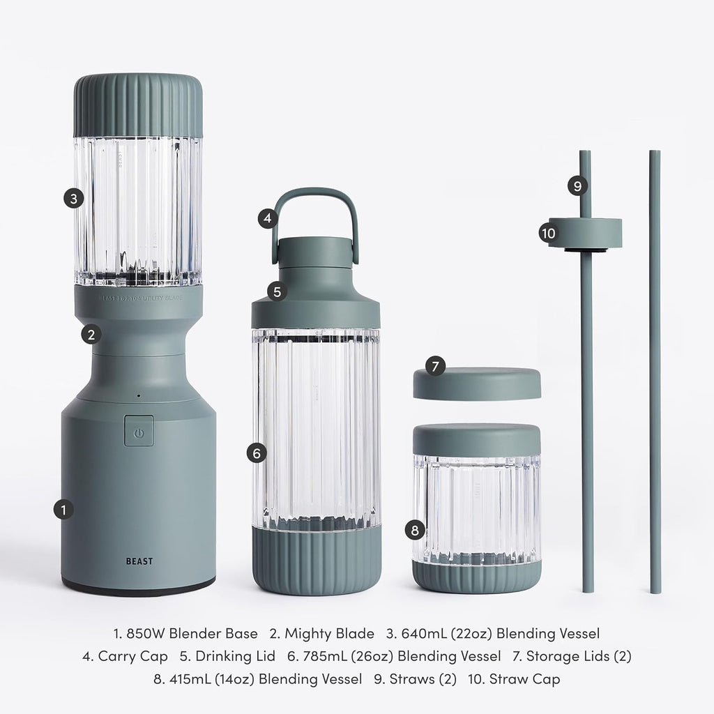 Beast Mighty 850 Plus | Premium Compact Personal Blender | Smoothies, Shakes, Dressings, Sauces | Blends Ice and Frozen Fruit | New XL Vessel | Extra Vessels, Lids and Straws | 850W (Mist)