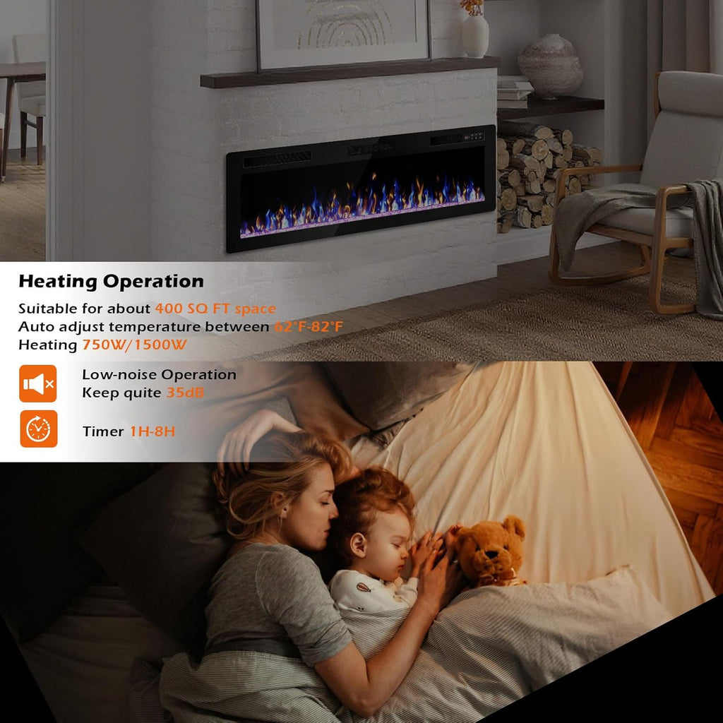 72 Inch Electric Fireplace, Ultra-Thin Fire Places Electric Fireplace Inserts Recessed and Wall Mounted with Remote Control & Touch Screen, 750W/1500W Fireplace Electric Heater with Timer, Multi-Flame