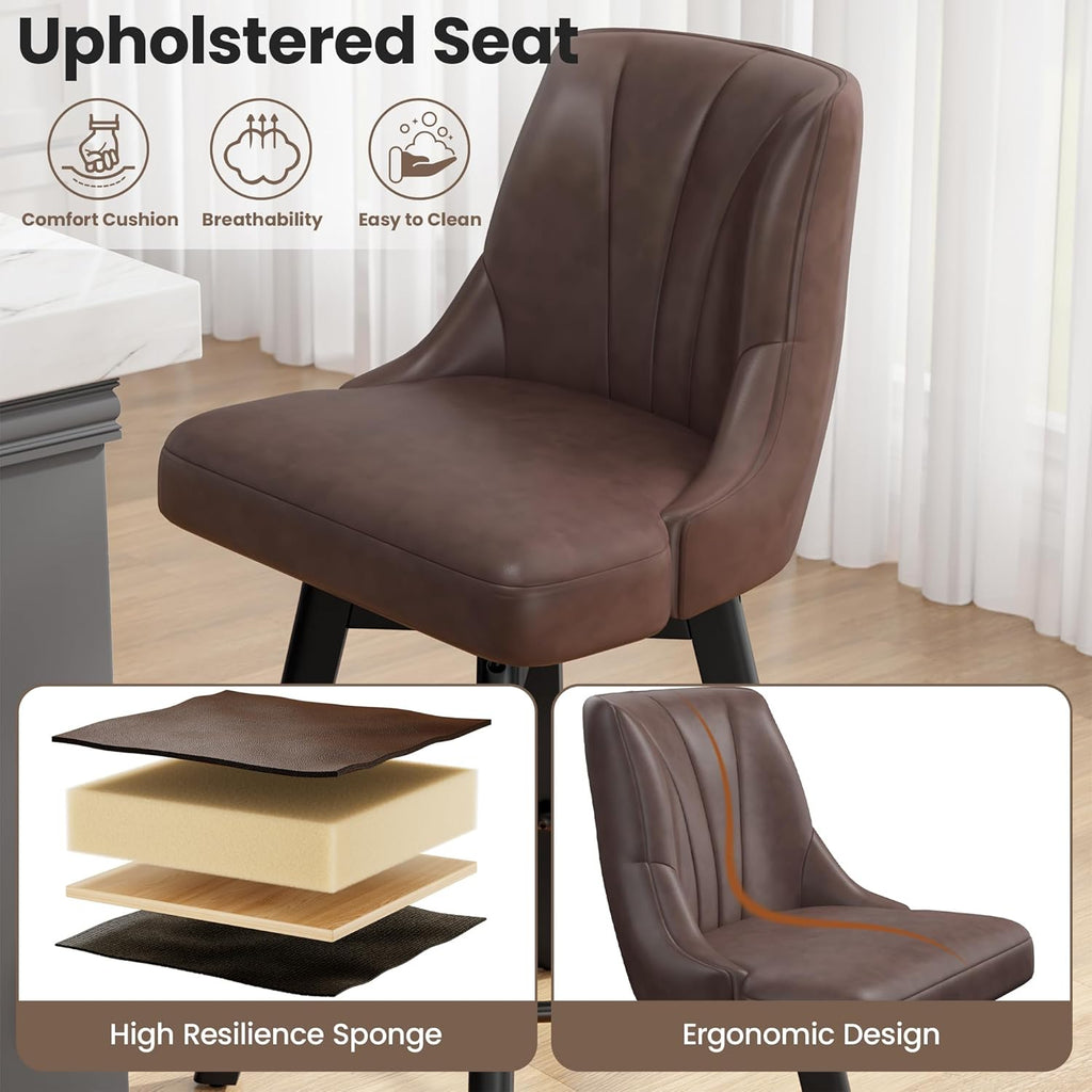 Counter Height Swivel Bar Stool, 24" Upholstered PU Leather Barstools Set of 4, Counter Stool Chair with Back & Solid Wood Legs for Kitchen Island Dining Room (Brown)