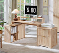 JXQTLINGMU 67" Modern L Shaped Desk with Storage Cabinet & Drawers, Wood Home Office Desk with Power Outlets, Fluted Computer Writing Desk, Natural Oak