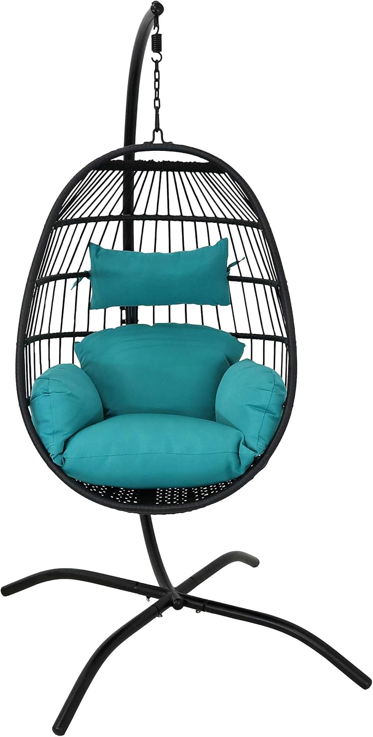Sunnydaze Dalia Resin Wicker Hanging Egg Chair with - Teal Polyester Cushions and Powder-Coated Steel Stand - 81 Inches H
