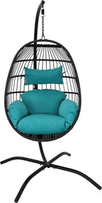 Sunnydaze Dalia Resin Wicker Hanging Egg Chair with - Teal Polyester Cushions and Powder-Coated Steel Stand - 81 Inches H