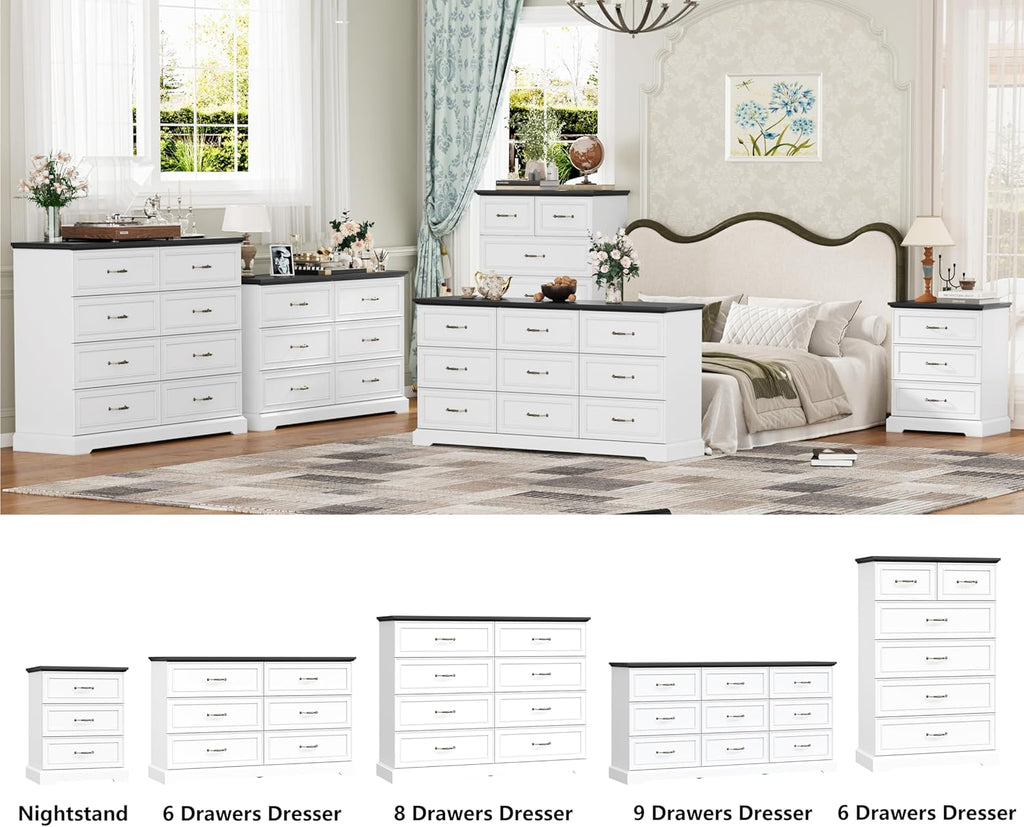 7 Drawer Dresser for Bedroom, 57" Wide Wooden Chest of Drawers, Rustic Farmhouse Dresser with Large Drawers & Metal Handles, Modern Storage Organizer for Closet, Living Room, Hallway, White