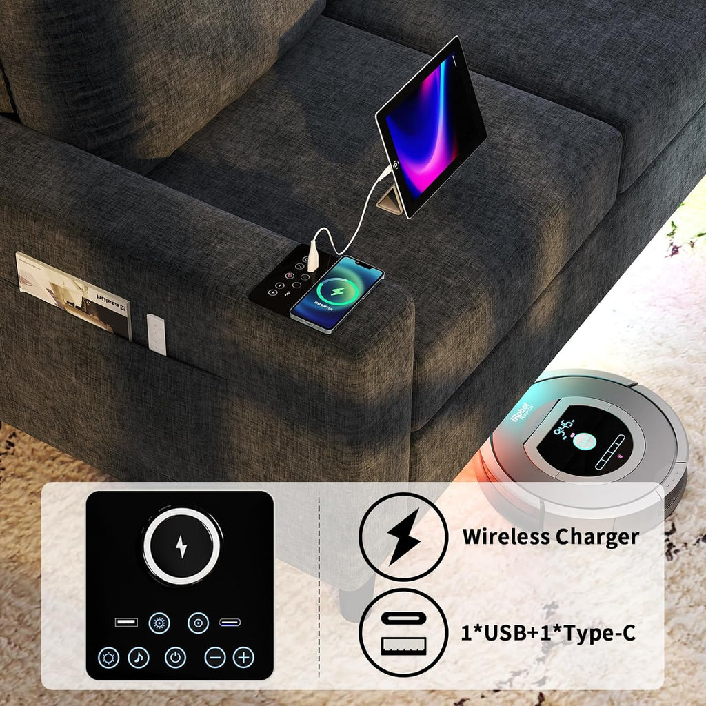 Sectional Couches for Living Room, 6 Seat Chenille Sectional Sofa with Smart Module-Wireless Charging/USB/Type-C/RGB Light, U Shaped Couch with 2 Movable Storage Ottomans (Dark Grey)