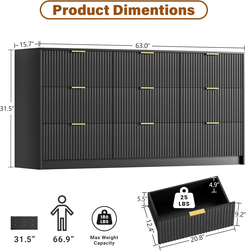 Black Dresser for Bedroom, Modern Dresser with 9 Drawers and Smooth Slides, Wide Chest of Drawers with Golden Handles for Bedroom, Living Room, Closet, 15.7" D x 63" W x 31.5" H