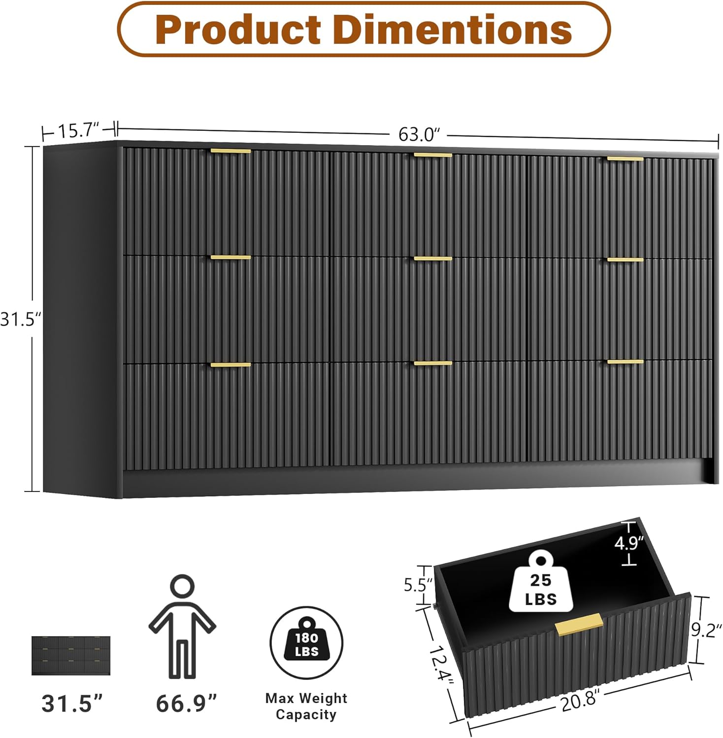 Black Dresser for Bedroom, Modern Dresser with 9 Drawers and Smooth Slides, Wide Chest of Drawers with Golden Handles for Bedroom, Living Room, Closet, 15.7" D x 63" W x 31.5" H