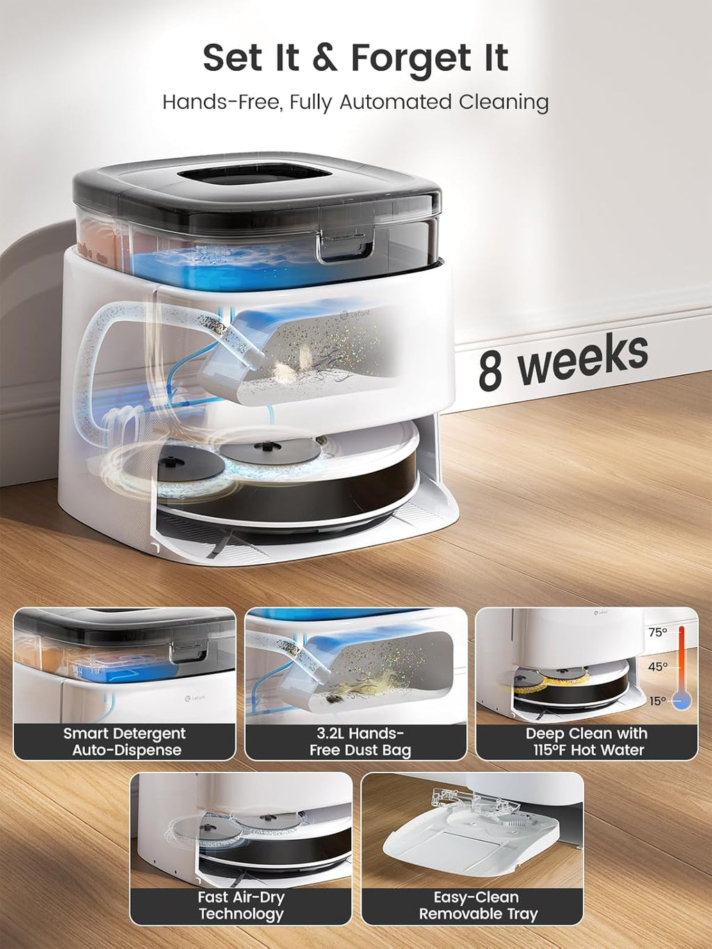 Lefant LiDAR Robot Vacuum and Mop, 12000Pa Suction, 90-Day Self-Emptying, Obstacle Avoidance, Auto Mop Washing&Drying, All-in-One for Pet Hair Carpet, 5G WiFi Alexa/APP/iWatch Control, M3