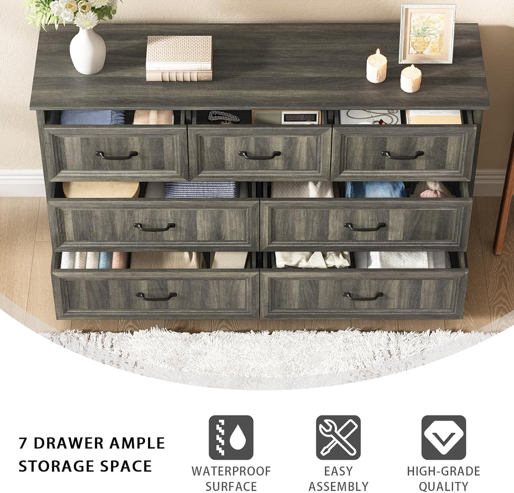 CARPETNAL Farmhouse 7 Drawer Dresser for Bedroom, 55 Inch Wide Modern Grey Dresser TV Stand with Large Drawers & Bar Handles, Rustic Wood Chest of Drawers for Bedroom, Living Room, Hallway, Entryway.