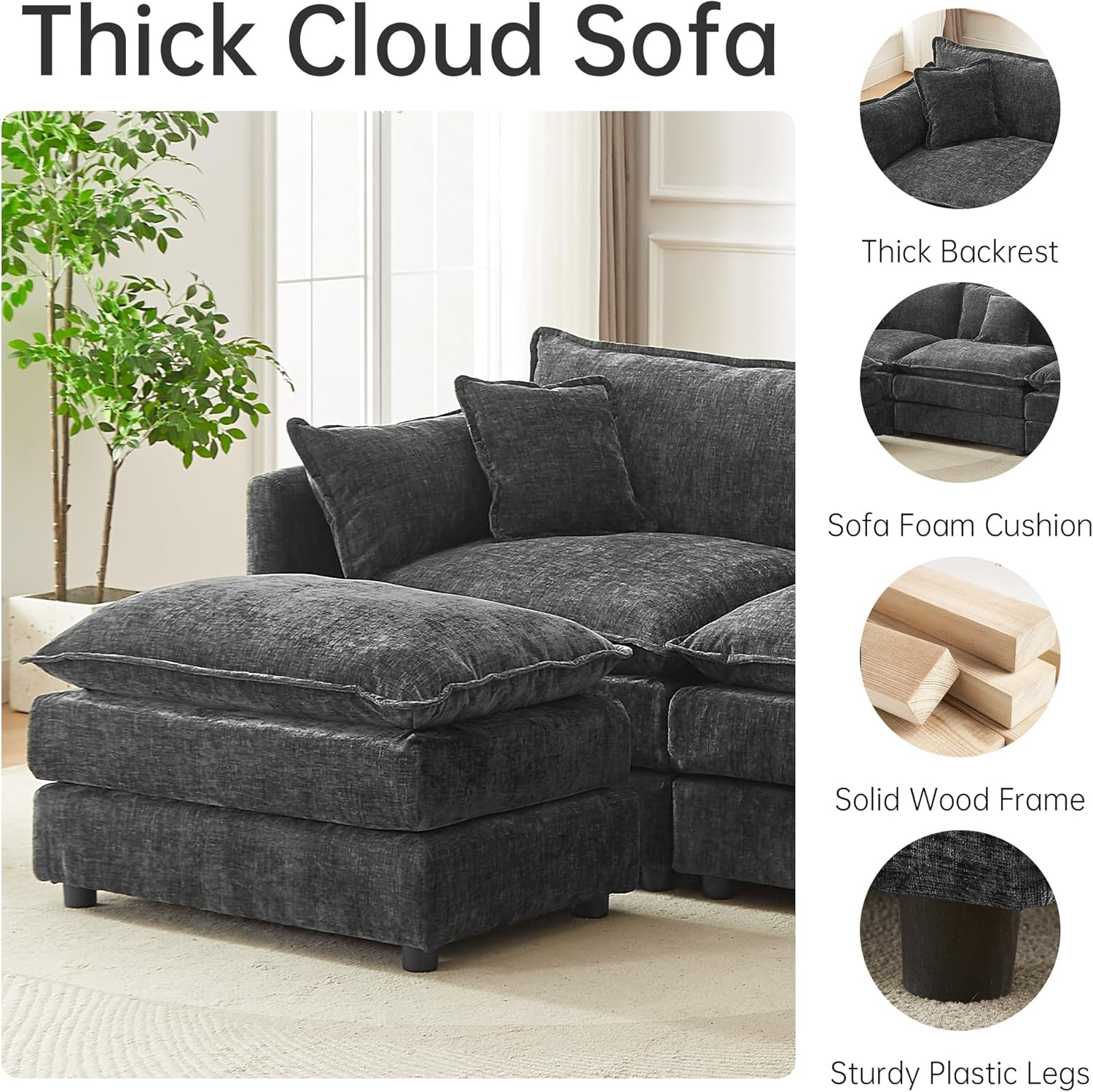 Modular Sectional Sofa 112.2 Inch L Shaped Couch Set with Armrests, 3-Seater Comfortable Cloud Couches with Movable Ottoman for Living Room Apartment, Grey