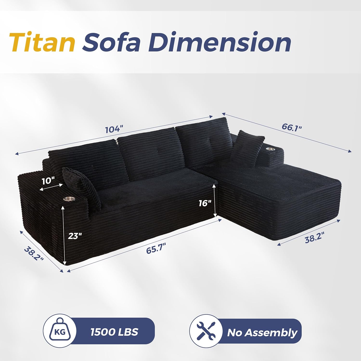 MAXYOYO 104" Modular Sectional Couch with L-Shape Chaise, Modern Boneless Couch for Living Room, Sofa in A Box, Oversized Sofa Sleeper with Deep Seat, No Assembly Required, Black