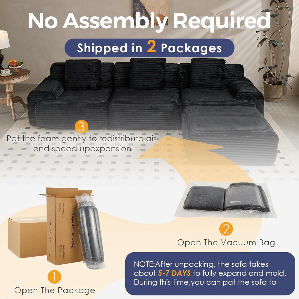 VK·LIVING 113" Cloud Sectional Couch 16.5'' Seat Height Sofa (Black)