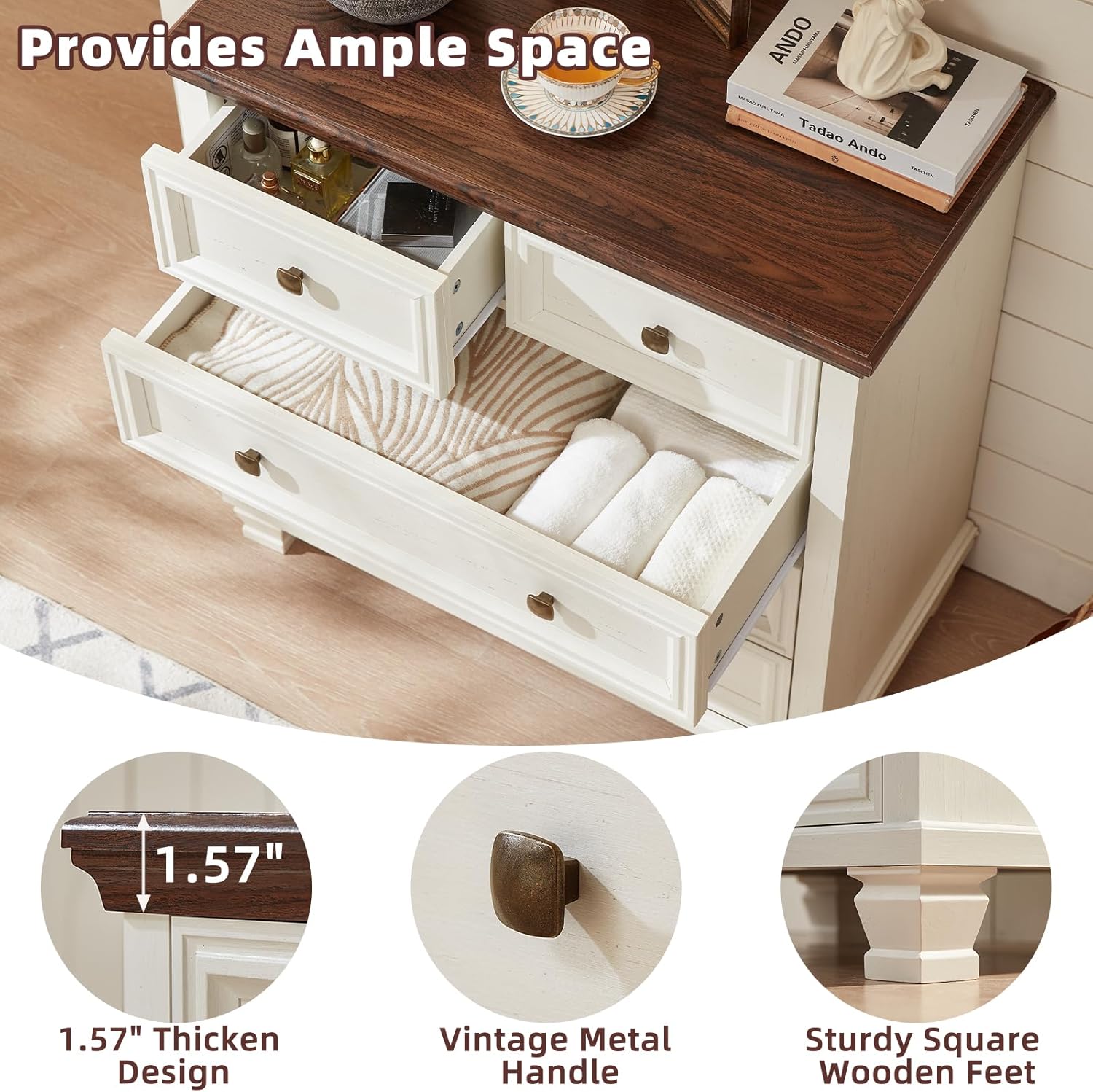 Farmhouse Bedroom Dresser and Nightstand Set of 4, 6 Drawer Tall & 5 Drawers Dresser & 2 Drawer Nightstand Set, Rustic Wood Furniture Set for Bedroom, Hallway, White