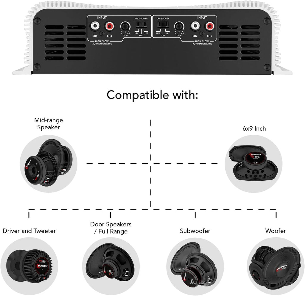 Taramp's DS 2000x4 2 Ohms 2000 Watts RMS 4-Channel 500x4 Watts RMS  Class D Full Range  Crossover High / Low Pass Fixed Bridgedable Car Audio Amplifier