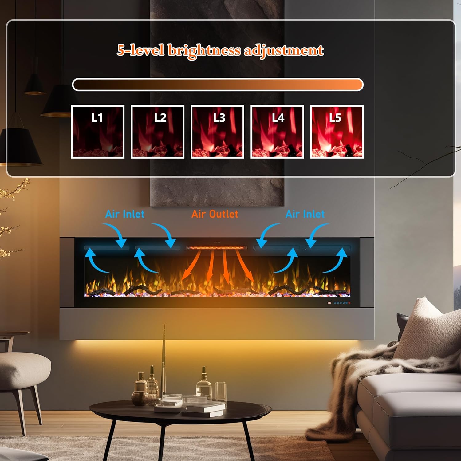 60" Smart WiFi Electric Fireplace Insert, 13 Flame & Fuel Bed with Automatic Cycle, Fireplace Heater with APP Control & Thermostat, Timer, Recessed and Wall Mounted