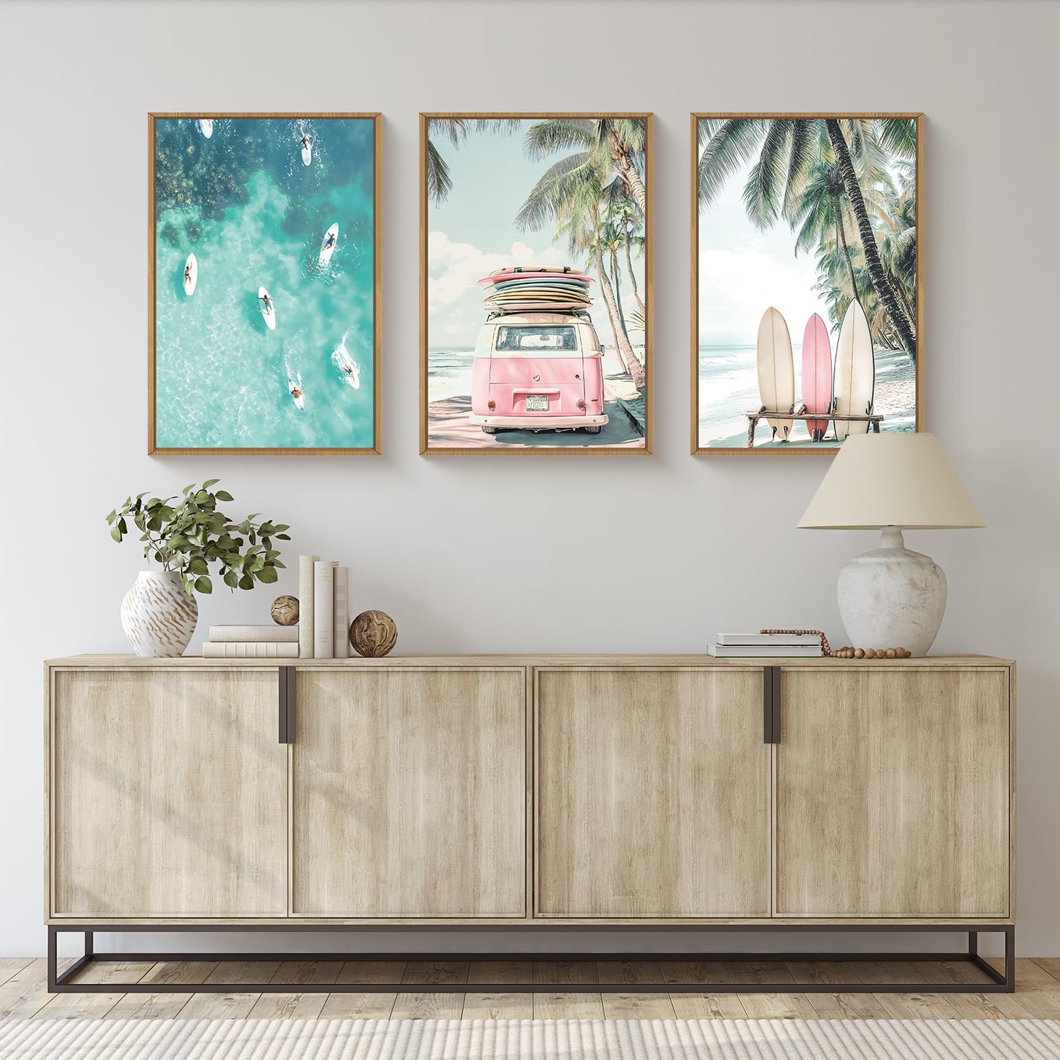 HOURIA Summer Surfboard Beach Framed Canvas Wall Art Set,Modern Ocean Surfing Seascape Wall Decor,Coastal Bus Coconut Tree Wall Painting,Nature Botanical Art Prints for Living Room, Bedroom-16 x24 x3