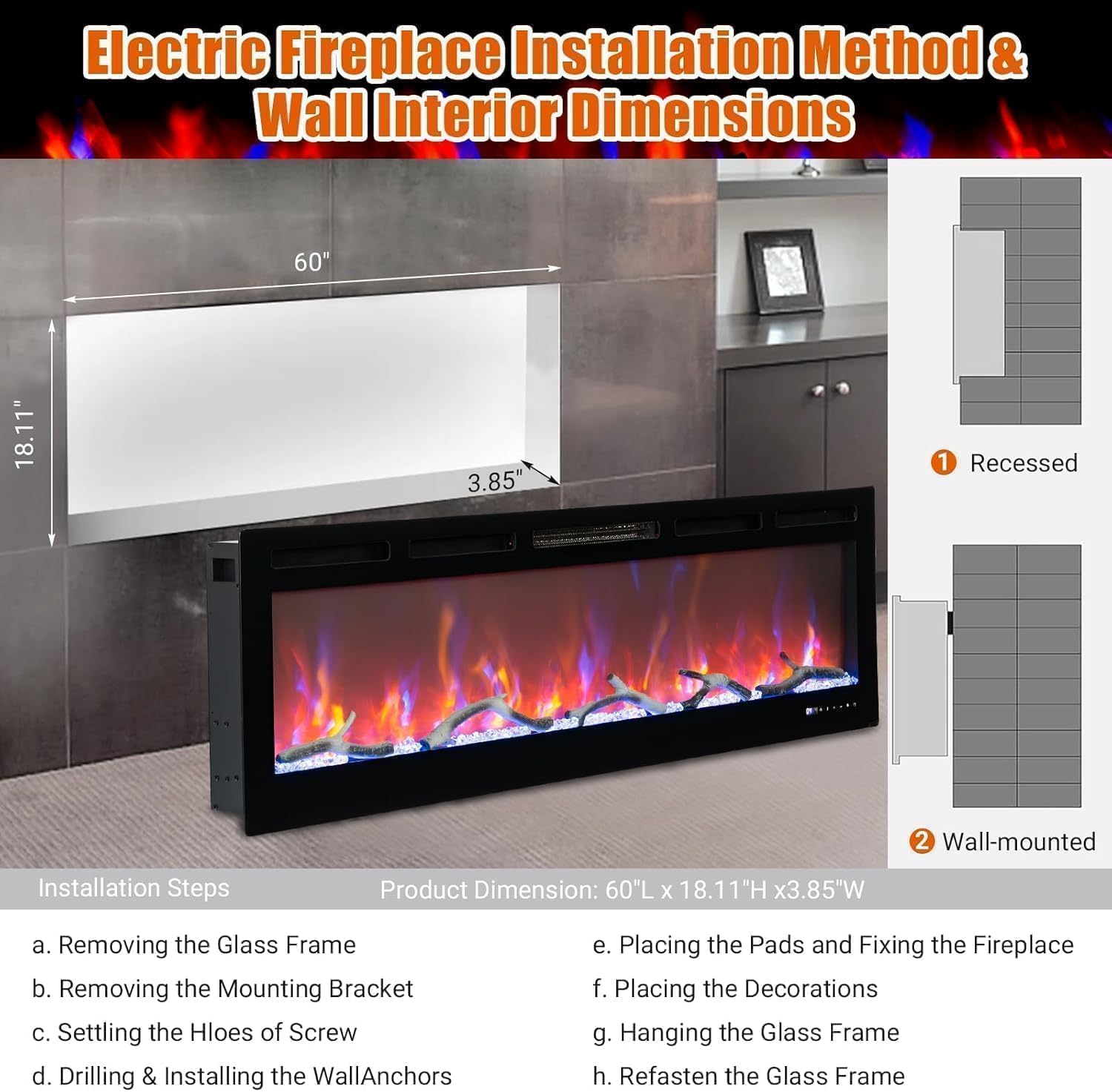 60" Recessed and Wall Mounted Electric Fireplace, Smart WiFi Infrared Electric Fireplace with Remote Control, Adjustable Flame Color, 750/1500W Fireplace Heater and Linear Fireplace, Black