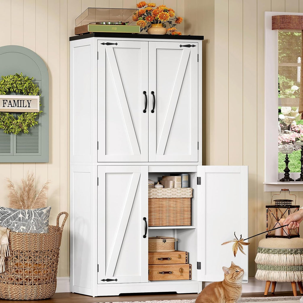 TEENFON 58" H Storage Cabinet with Adjustable Shelf, Farmhouse Kitchen Pantry Cabinet, Bathroom Cabinet with 4 Doors, Cupboard for Kitchen, Bathroom, Living Room, White