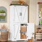 TEENFON 58" H Storage Cabinet with Adjustable Shelf, Farmhouse Kitchen Pantry Cabinet, Bathroom Cabinet with 4 Doors, Cupboard for Kitchen, Bathroom, Living Room, White