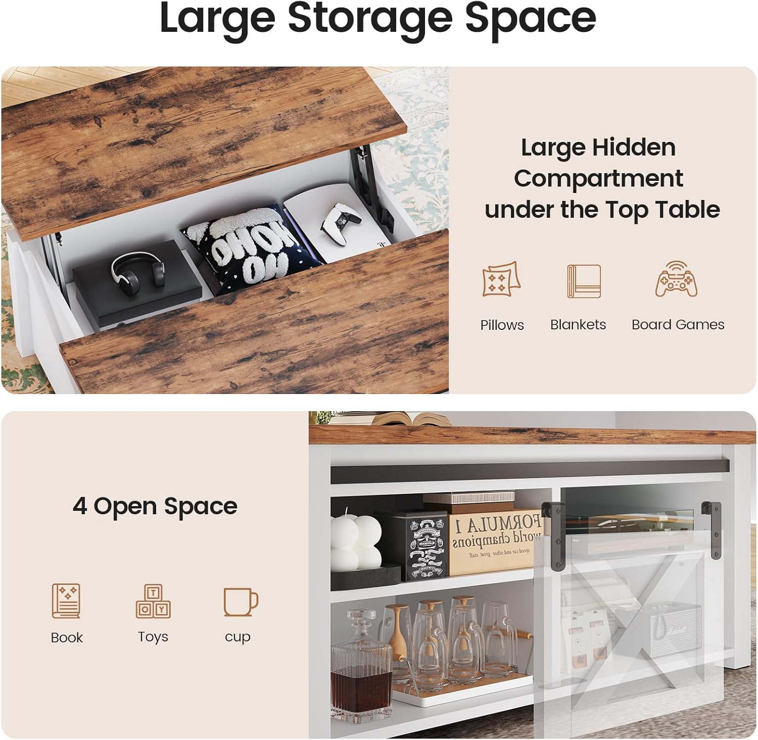SEDETA 31.5" Lift Top Coffee Table with Storage, Square Coffee Tables for Living Room, Farmhouse Coffee Table with Large Hidden Storage Compartment and Adjustable Shelves, White