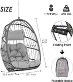 Hanging Egg Chair Without Stand - Foldable Indoor Outdoor Wicker Rattan Swing Egg Chair with Hanging Chain Hammock Chair - UV Resistant Cushions & Aluminum Frame for Bedroom Patio Camping (Grey)