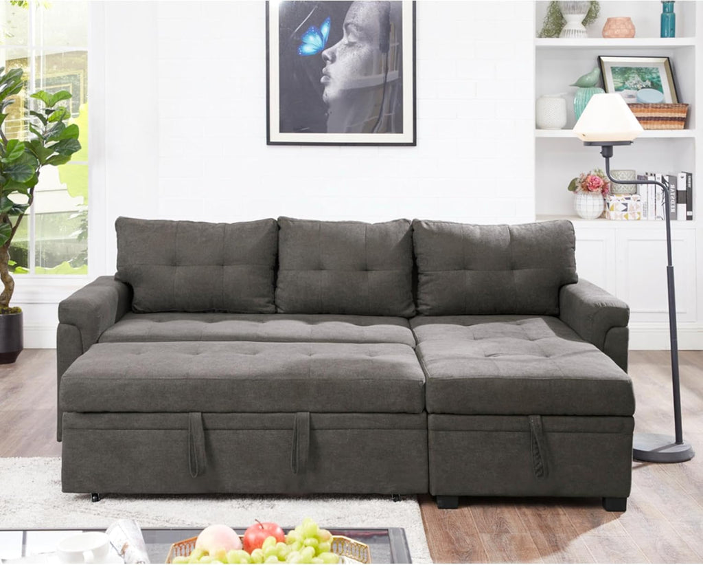 Multifunctional Sectional Sofa with Pull-Out Sleeper Bed & Hidden Storage – Reversible Chaise Espresso,Velvet – Space-Saving, Durable, Stylish & Easy DIY Assembly for Apartments & Small Homes