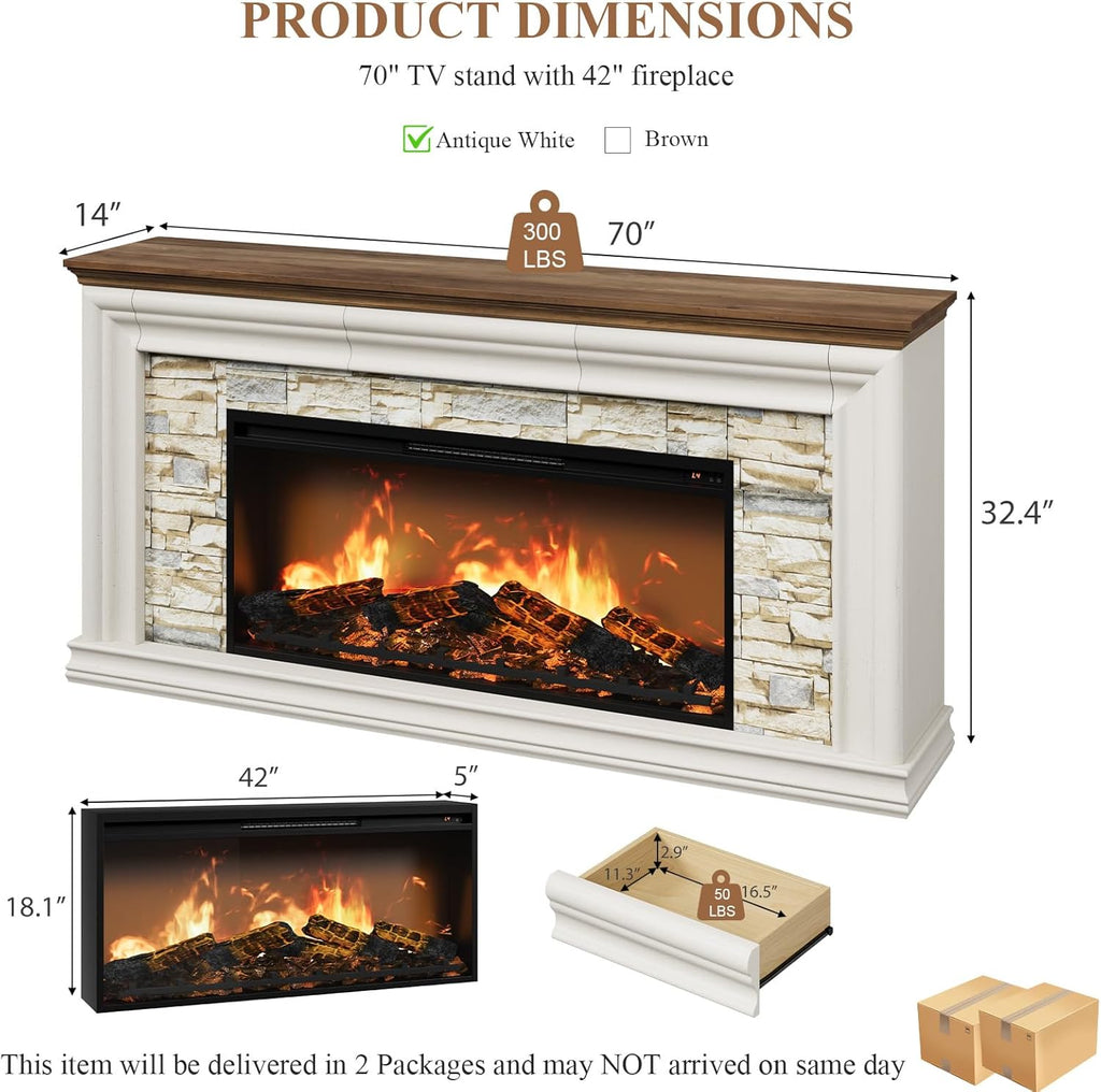QUW 70" Fireplace TV Stand Up to 80" TVs, 42" Modern Electric Fireplace with Mantel, Farmhouse Entertainment Center with Concealed 3 Drawers for Living Room, Adjustable Brightness & Low Noise, White