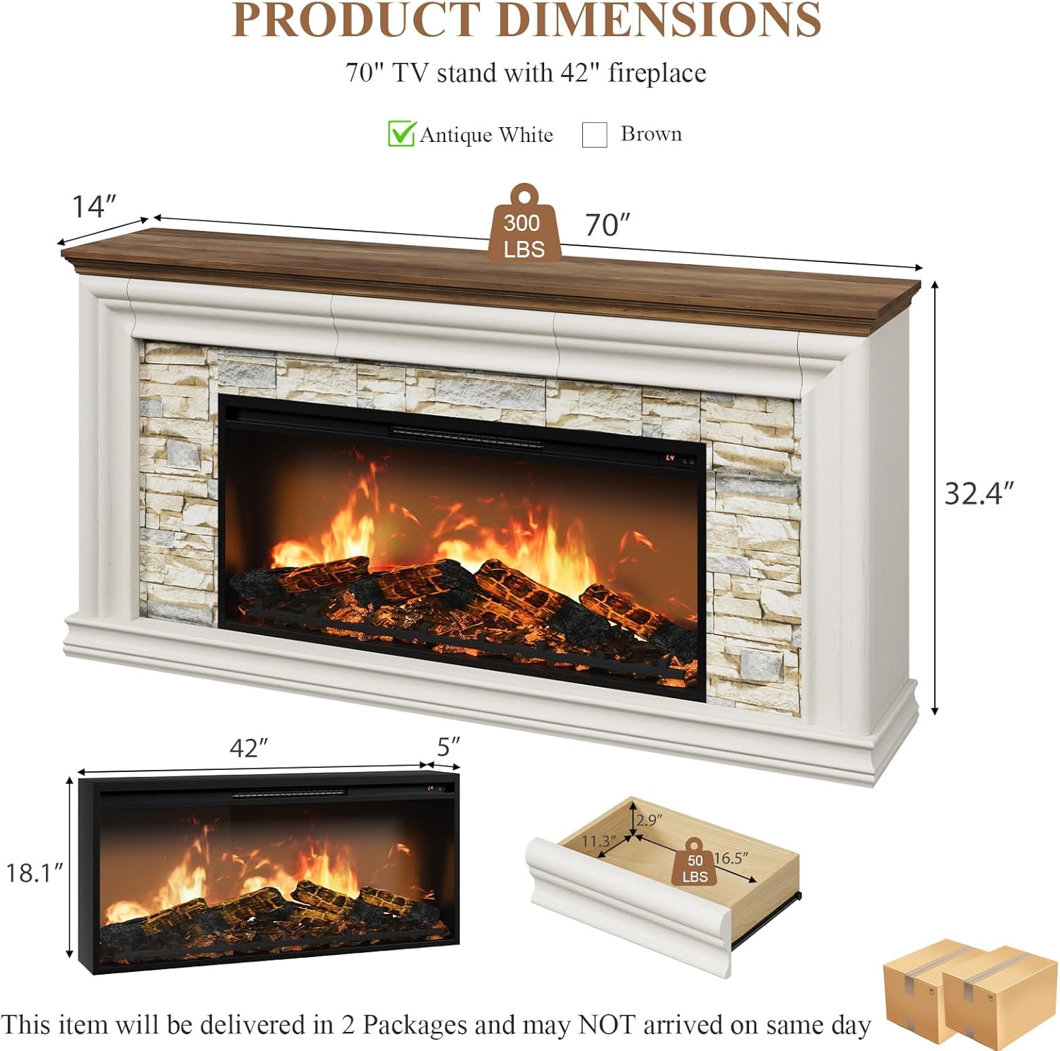 QUW 70" Fireplace TV Stand Up to 80" TVs, 42" Modern Electric Fireplace with Mantel, Farmhouse Entertainment Center with Concealed 3 Drawers for Living Room, Adjustable Brightness & Low Noise, White