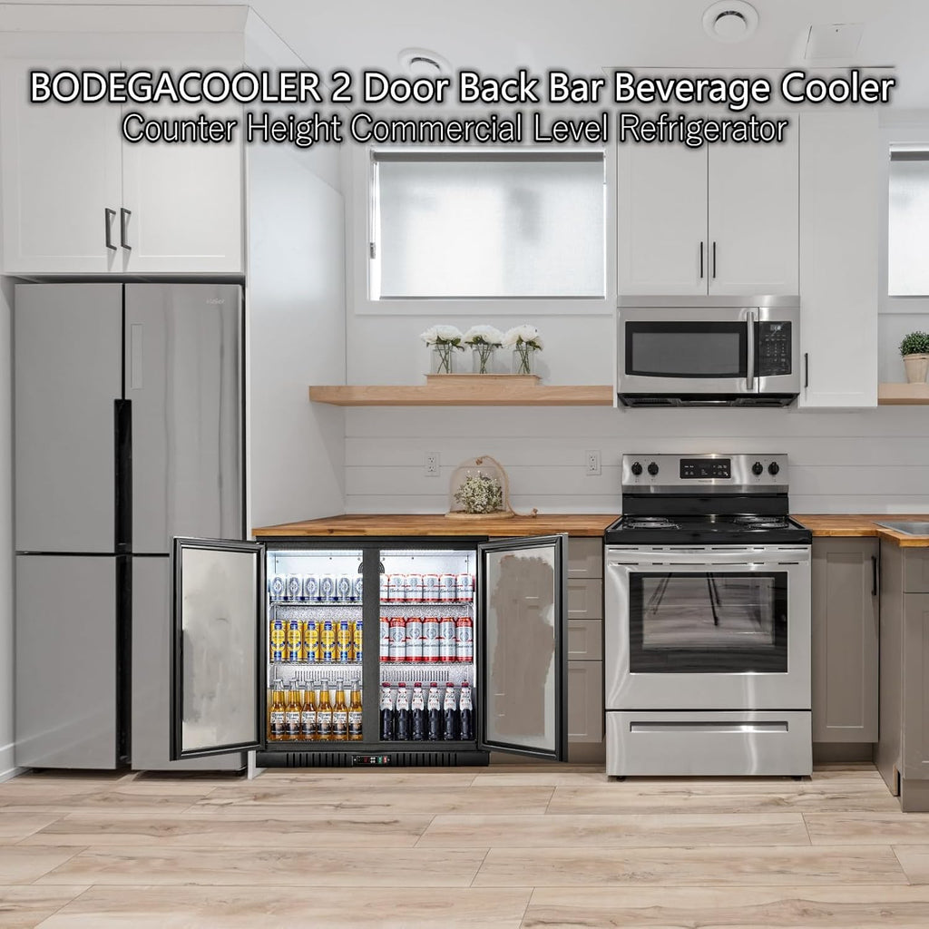 BODEGACOOLER Back Bar Cooler With 2 Glass Doors,7.4 Cu.Ft Commercial Counter Height Beverage Refrigerator,Display Bar Fridge with LED Lighting,21 inch Beverage Cooler for Store,Lobby,Restaurant,Clubs