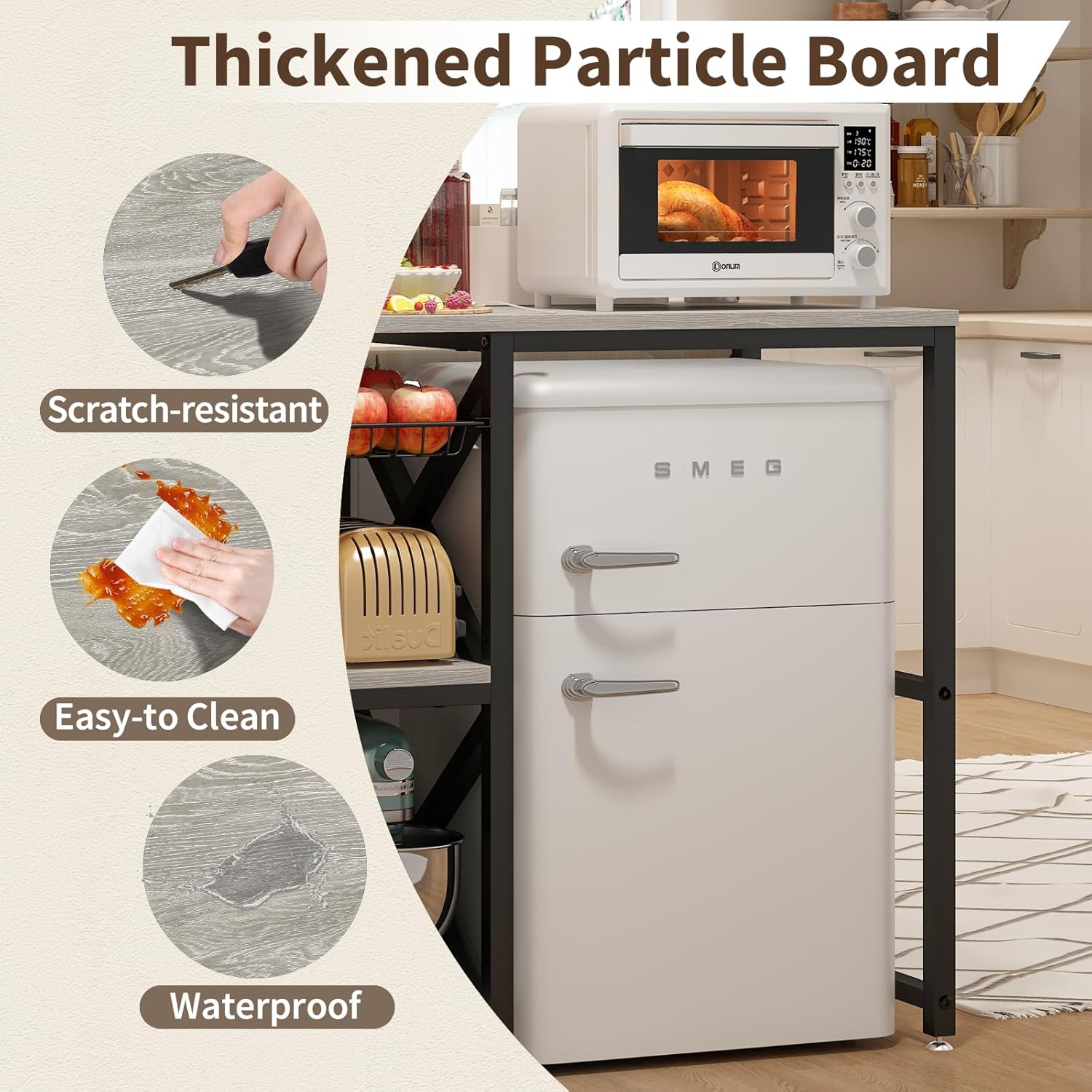 METYERRY Kitchen Bakers Rack with Power Outlet,Mini Fridge Cabinet with Mesh Basket, Mini Fridge and Microwave Table with Storage for Office,Kitchen,Living Room,Coffee Bar,Patio,Greige