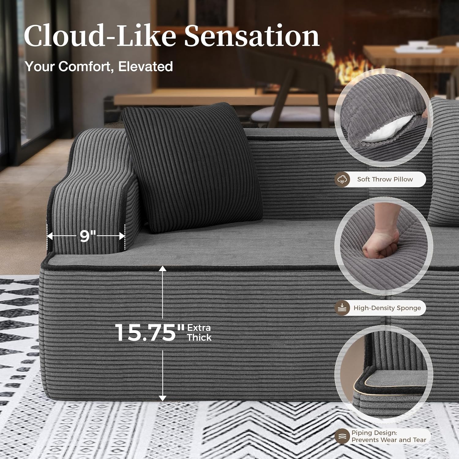 Cloud Sectional Couch for Living Room, 104'' L-Shaped Modular Sofa with Chaise, Modern Corduroy Boneless Couch with Deep Seat, No Assembly Required, Grey