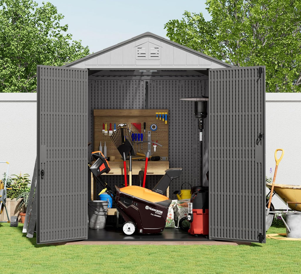 HOMSPARK Outdoor Storage Shed 6x6 Ft  All-Weather Resistant Resin Garden Sheds & Outdoor Storage Clearance with Floor & Windows  Double-Layer Plastic Tool Sheds for Patio  Garden & Lawn (Grey)