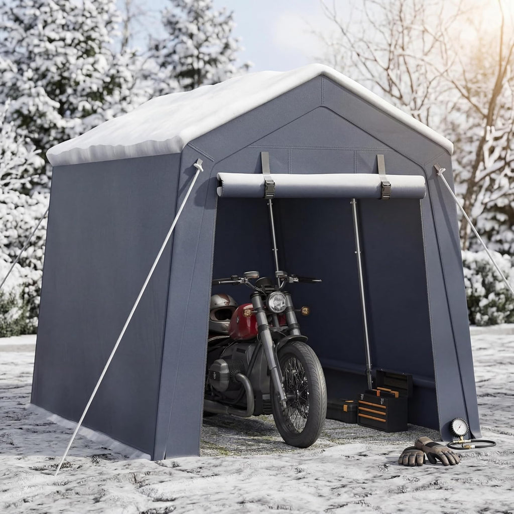 6x6FT Carport, Heavy Duty Motorcycle Shed with Waterproof PE Tarp, Portable Outdoor Storage Shed for Bikes and Firewood, All-Weather Car Shelter with Roll-Up Zipper Door, 6x6FT, Gray