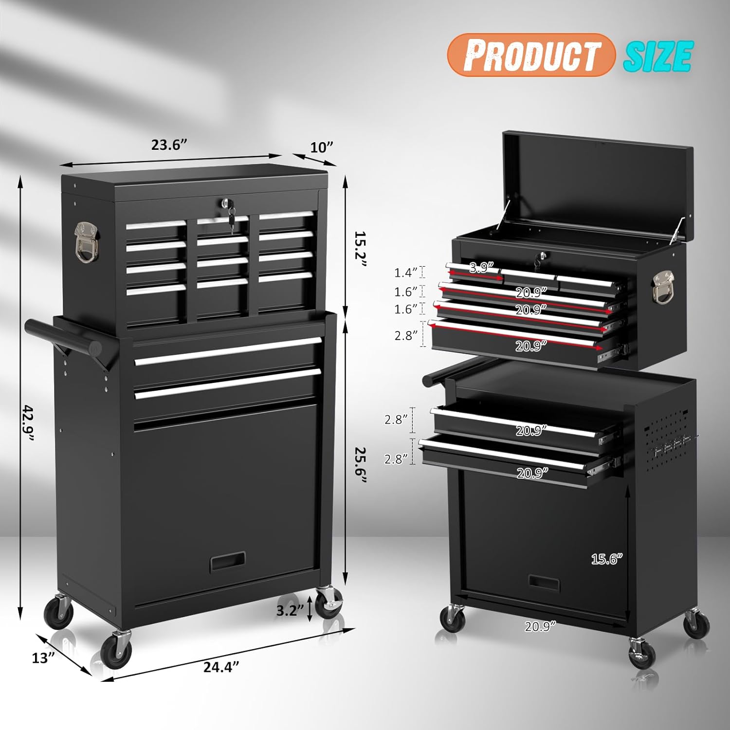 8-Drawer Rolling Tool Chest with Wheels, 2-in-1 Detachable Tool Box with Drawers and Large Cabinet, Rolling Tool Chest Storage Cabinet with Lockable for Warehouse, Garage, Workshop (Black)