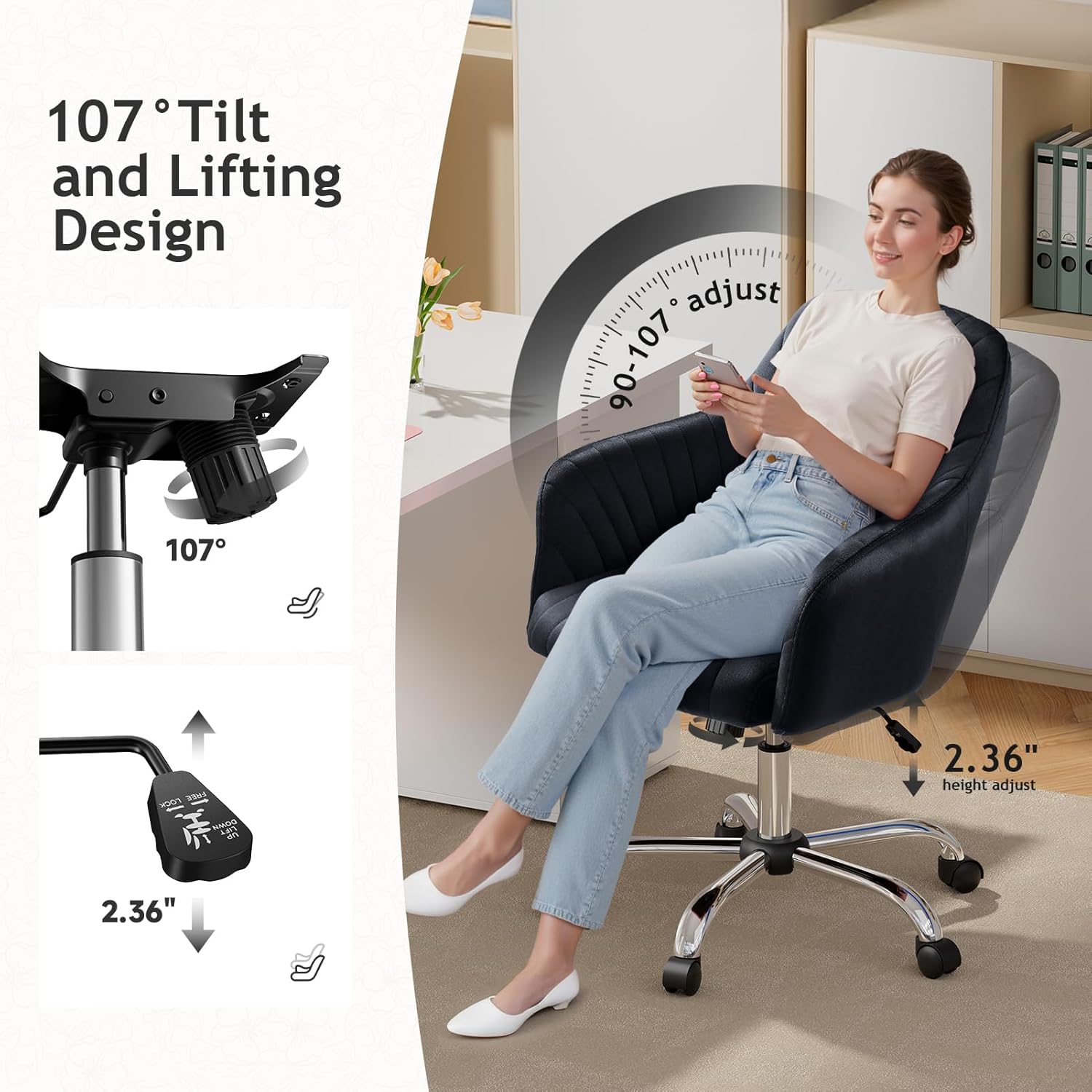 Warmiehomy Office Chair, Velvet Desk Chair for Home Office, Cozy Vanity Chair, Girl Cute Makeup Chair with Arm Rest for Bedroom Dressing Room (Classic Black)