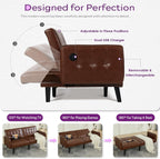 TYBOATLE 65“ Convertible Futon Sofa Bed w/ 2 USB,Tufted Small Adjustable Folding Couch Loveseat, Modern Mid Century Faux Leather Sleeper Sofa for Living Room, Bedroom,Office, Brown