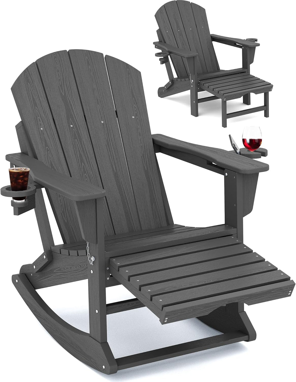 KINGYES Adirondack Rocking Chair with Retractable Ottoman and Cup Holders, HDPE Adirondack Rocker Patio Rocking Chair for Porch, Patio, Balcony, Leaden Grey
