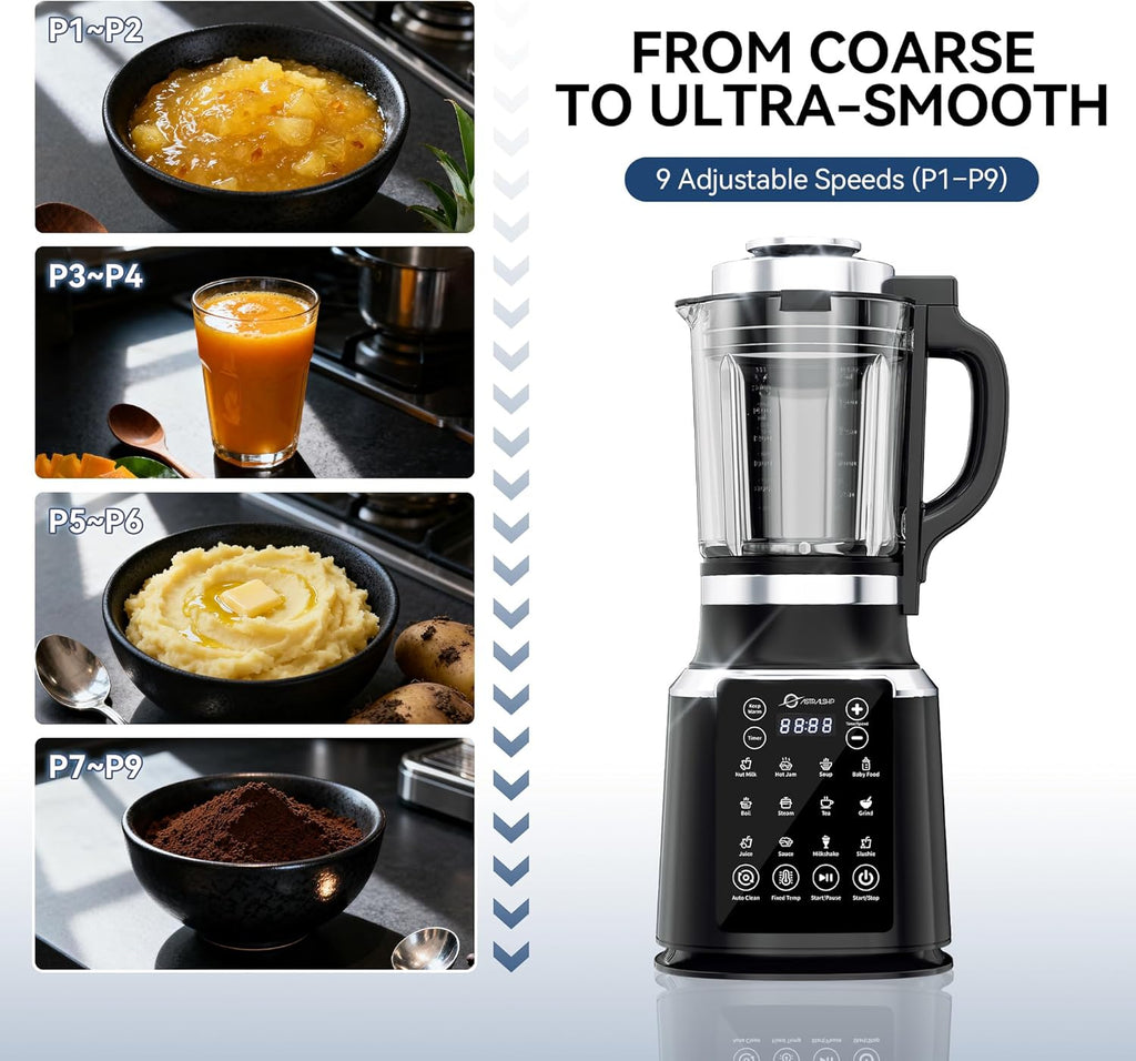 Glass Blenders for Kitchen with Tamper, Blender for Smoothies, Professional Blenders 1500W Motor, 9 Adjustable Speeds, 14 Preset Programs, High-Speed Heating Blender for Nut Milk, Soups, Sauces & More