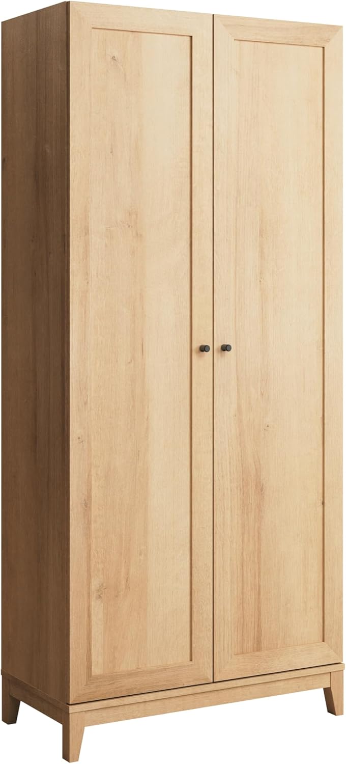 Prepac Yaletown 72" Tall Storage Cabinet with Wood Legs, Pantry Cabinet with 3 Adjustable Shelves, Bathroom, Kitchen and Home Organization in Natural Oak, 16" D x 32" W x 72" H
