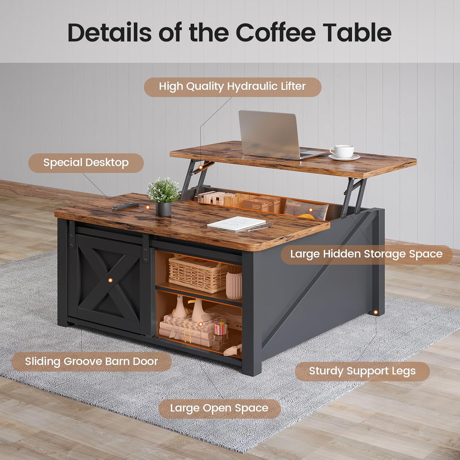SEDETA 31.5" Lift Top Coffee Table with Storage, Square Coffee Tables for Living Room, Farmhouse Coffee Table with Large Hidden Storage Compartment and Adjustable Shelves, Black
