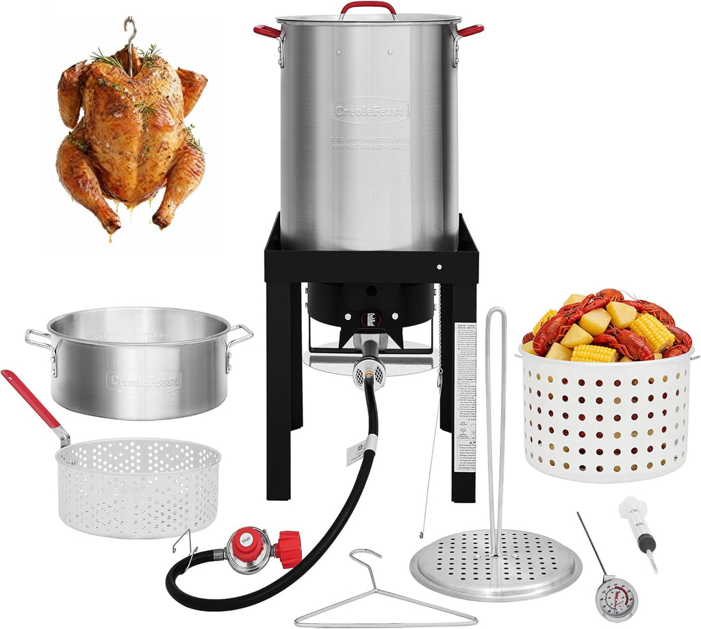 CreoleFeast TFS3010 Propane 30 Qt. Turkey and 10 Qt. Fish Fryer Boiler Steamer Set, 50,000 BTU Burner, Ideal for Outdoor Cooking